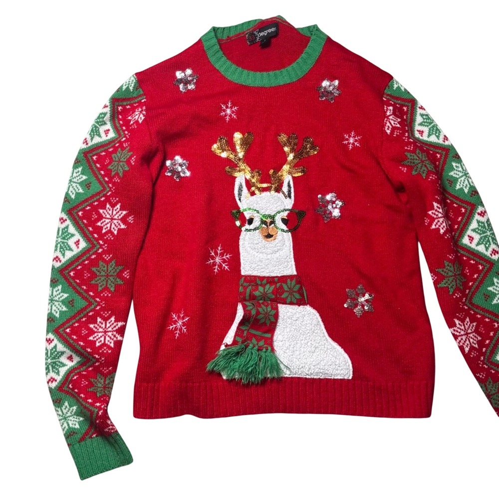 Ugly Christmas Sweater Red Llama Sequin Reindeer Antlers Womens Small